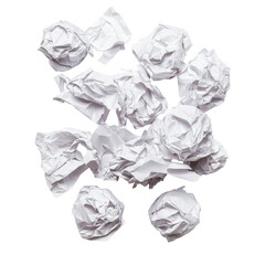 Fototapeta premium Crumbled paper balls scattered on a Transparent background creating a chaotic yet artistic composition, crumbled paper balls isolated on PNG background