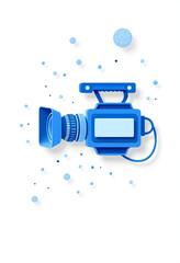 Obraz premium Video camera concept. Cinema mesh spheres from flying debris. Thin line concept. Blue structure style illustration, flat papercut style, with white tones