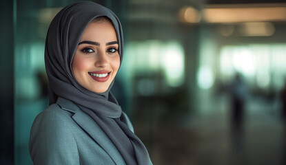 Portrait of an Emirati businesswoman wearing gray suit and hijab in office space