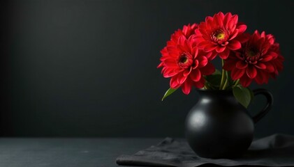 Red dahlia flowers in a vase on black tablecloth, decoration,