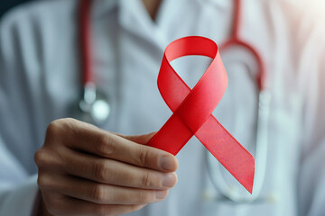Red awareness ribbon symbol of AIDS and HIV generative ai
