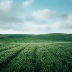 Obraz premium Lush green fields stretching across the horizon under a bright blue sky in peaceful rural landscape. Generative AI