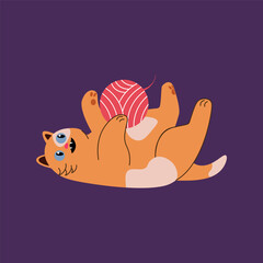 Playful flat style illustration of an orange cat lying on its back, playing with a pink ball of yarn. Ideal for pet-themed designs, children's products, and digital projects.