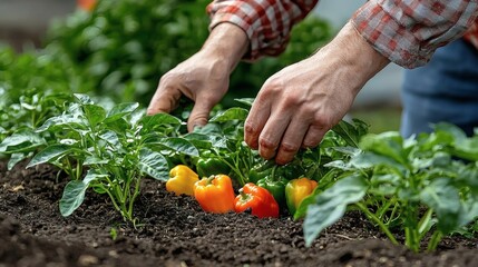 Fototapeta premium Harvesting Colorful Bell Peppers: A Gardener's Delight