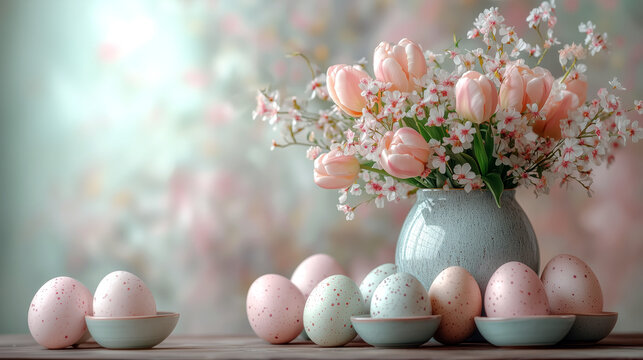 Pastelowa kompozycja wielkanocna z r&oacute;żowymi tulipanami i jajkami w szarym wazonie