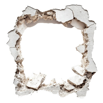 Damaged wall with a large hole revealing a hollow space behind it on a stark Transparent background, Destroyed Wall with Hole on PNG background