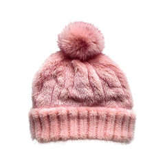 Faux Fur Hat in Pale Pink with Pom-Pom Isolated on Transparent Background