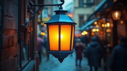 Glowing street lamp, city alley, winter, crowd