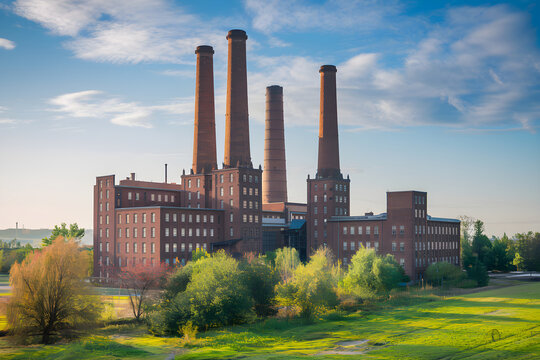 Old brick factory with tall chimneys polluting the environment under blue sky