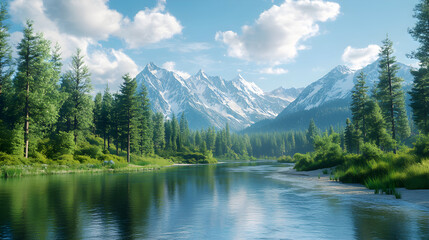 Serene Landscape with Winding River, Snowy Mountains, and Lush Greenery Captured