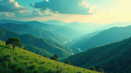 Obraz premium Serene Vista Rolling Green Hills and a Winding River Valley at Sunset