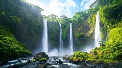 A wide-angle shot of a massive waterfall surrounded by steep cliffs and lush vegetation.