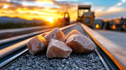 Potassium feldspar rocks laying on conveyor belt during sunset at quarry