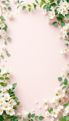 Fototapeta premium Floral border with white daisies and green leaves on light blue background. Decorative frame for wedding, spring, nature concept. Elegant botanical design for invitations, cards, banners with copy spa