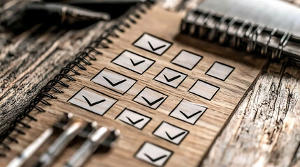 Fototapeta premium Closeup of a wooden checklist notebook with checkmarks, showcasing task completion or survey results. Perfect for concepts of planning, organization, goal achievement, or project management.