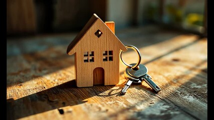 Wooden miniature house and a set of keys displayed on a rustic wooden surface under natural lighting - Powered by Adobe