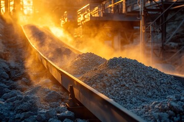 Conveyor belt transporting gravel in a quarry at sunset