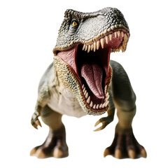 Obraz premium Toy dinosaur roaring loudly on a bright Transparent background showcasing its fierce features and vibrant colors, Toy Dinosaur Roaring On a PNG background