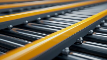 A close-up view of metallic rollers and a vibrant orange guide rail, showcasing industrial design and functionality in a conveyor system.