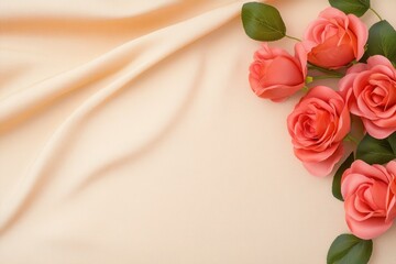 Cluster Of Orange Roses On Elegant Beige Fabric.