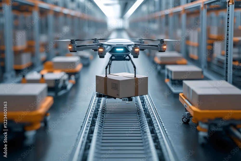 Poster Drone carrying package in automated warehouse using innovative technology