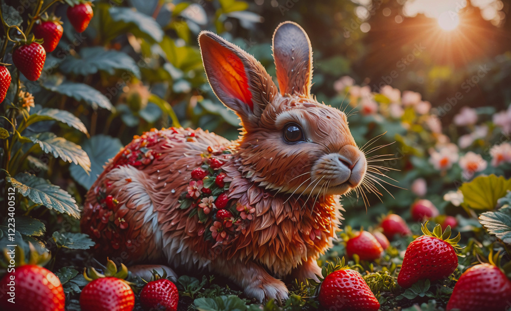 Poster A rabbit is sitting in a field of strawberries. The rabbit is covered in flowers and has a strawberry on its head. The scene is peaceful and serene, with the rabbit and strawberries creating a sense