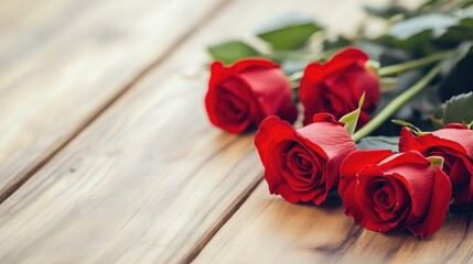 Close-Up Red Roses Arranged On Vintage Wooden Surface