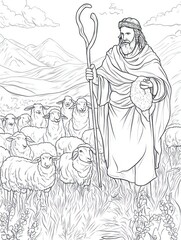 Jesus the Good Shepherd watches over his flock in peaceful mountains countryside illustration