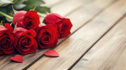 Romantic Red Roses And Heart Symbols On Wooden Table