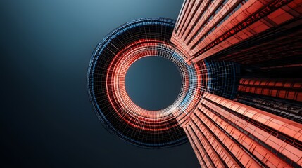 Abstract orange and blue structure, futuristic design, dark background, architectural concept art