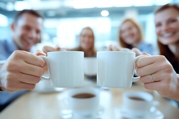 Business People Toasting with Coffee Mugs in Office Cafeteria