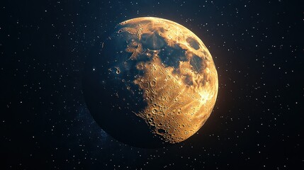Naklejka premium Golden Moon, Space, Cratered Surface, Nebula Background, Sci-Fi