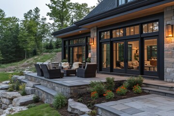 Fototapeta premium Modern black country house with large patio doors overlooking relaxing outdoor seating area