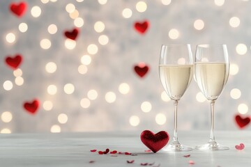 Champagne Glasses With Sparkling Wine And Red Hearts