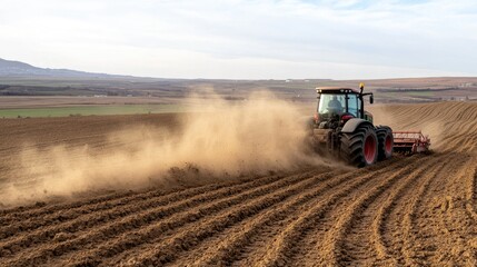 Tractor cultivates soil in a field during a vibrant sunset, surrounded by rolling hills and a lone tree near a rustic barn