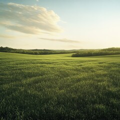 Fototapeta premium Lush green meadow at sunset with distant trees and a calm sky. Generative AI