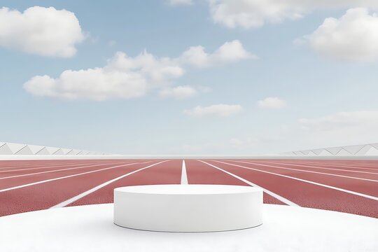 Contemporary white podium on a dynamic sports field background, perfect for athletic and sporty product presentations.