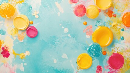 Colorful paint splashes and blobs on light blue background