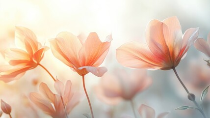 Delicate peach and pink flowers glowing in soft sunlight