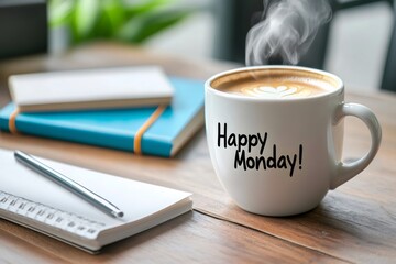 Steaming cup of coffee with happy monday message near notepad and pen on wooden desk