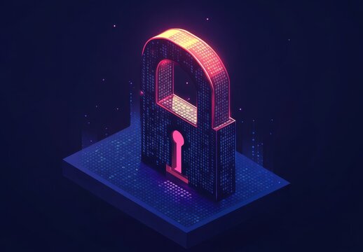 A digital illustration of an open lock with the key being composed entirely from binary code, symbolizing advanced security technology and data protection in modern IT advertising Generative AI