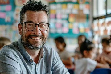 Obraz premium A teacher stands in front of classroom, AI generated image