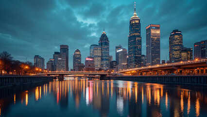 Twilight Reflections: Modern City Skyline Along the Pearl River