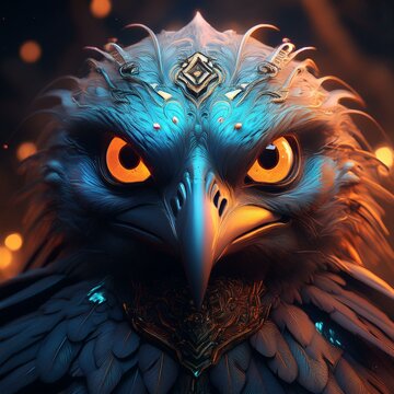 Generated imagA close-up of a majestic, blue bird with piercing yellow eyes and ornate detailing around its head.e