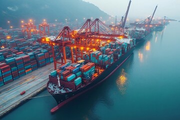 Massive Cargo Ships Docked at Bustling Port