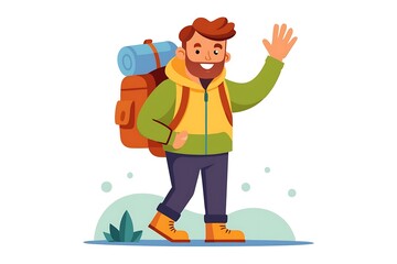 Hiker carrying backpack waving farewell ready for adventure in flat illustration