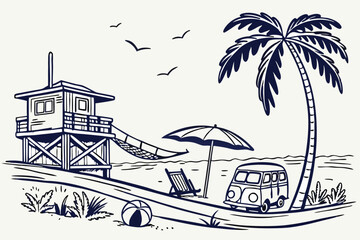 Beach scenes, lifeguard towers, palm trees, hammock, vintage van, surfboards, beach umbrella, beach houses, monochromatic blue ink drawing, coastal lifestyle, tropical vacation, retro summer vibe