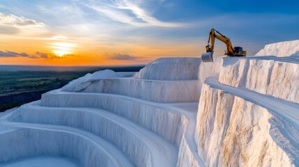 Excavator working in limestone quarry at sunset