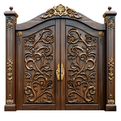 Luxury wooden gate featuring intricate carvings and detailing isolated against a Transparent background, Luxury beautiful wooden gate on aisolated on PNG background