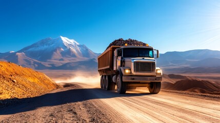 Obraz premium Heavy Dump Truck Transporting Rocks in Mountainous Landscape